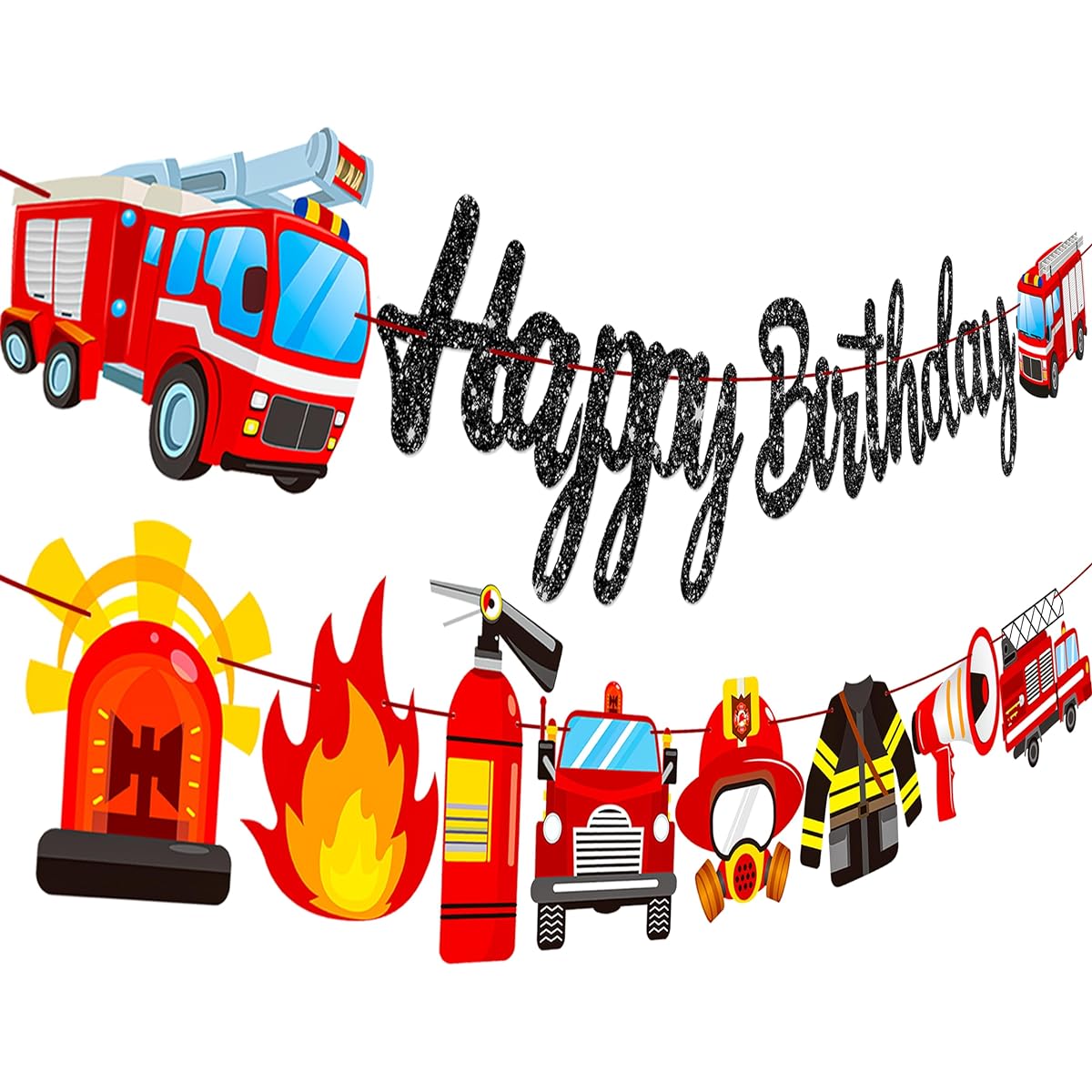 C L COOPER LIFE Fire Truck Birthday Banner, Firefighter Baby Shower, Fireman Happy Birthday Theme Party Sign Supplies, Fire Engine Rescue Birthday Gold Glitter Bunting Garland Decorations