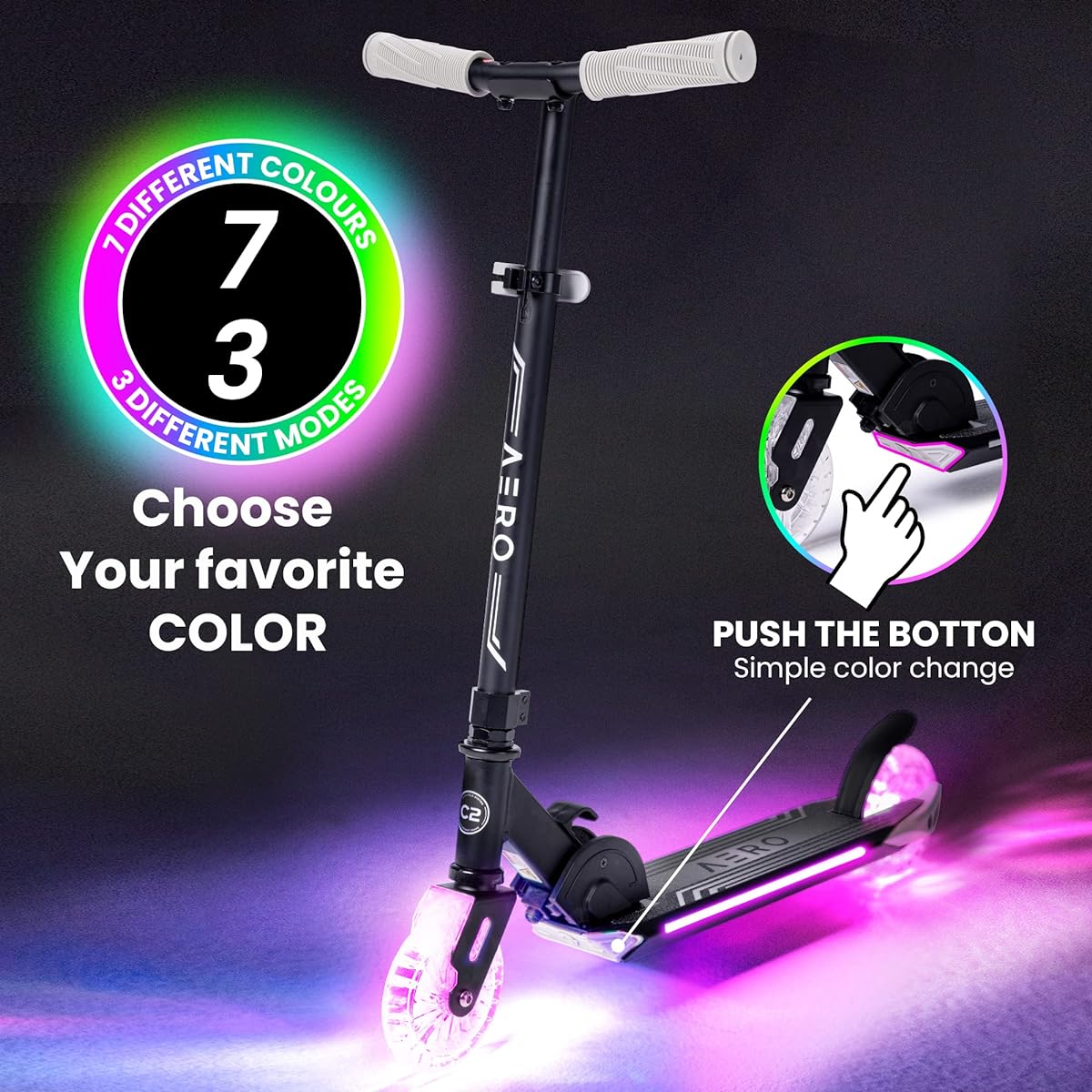 Aero C2 Toddler 2 Wheel Kick Scooter for 5-8 Years (or 6-10 or 6-12 Years) Kids Dynamic RGB Lights Foldable Height Adjustable Kids Scooter with Illuminated Deck LED Light Up Flashing Clear Wheels