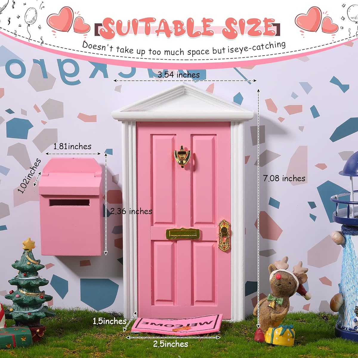 Fairy Door Mini Mailbox for Kids Pink Wooden Dollhouse Door Mini Welcome Mat Opening Fairy Door Pretend Play Set Mini Wooden Dollhouse Miniature Door with Gold Key Elf Furniture DIY Accessories