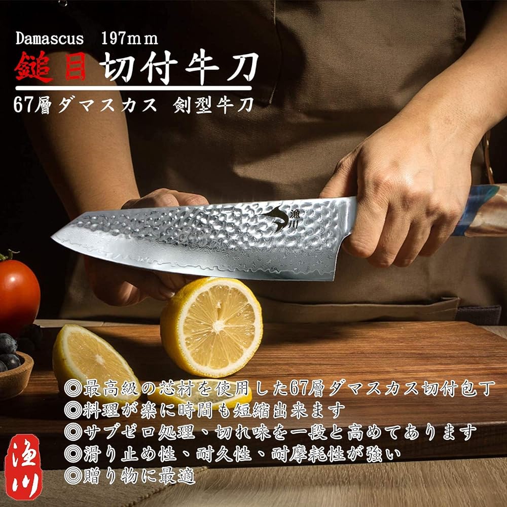 Irigawa V Gold No. 10 Waribiri 67-layer Hammered Damascus Sword-shaped Gyuto (Kiritsu Gyuto) 197mm Damascus Meat Knife
