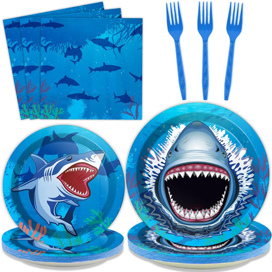 96 Piece Shark Tableware Set, Shark Theme Plates, Birthday Party Supplies, Undersea Table Decorations, Sea Animals, Shark Napkins, Tableware Shark Splash Party Favors, Serves 24 Guests