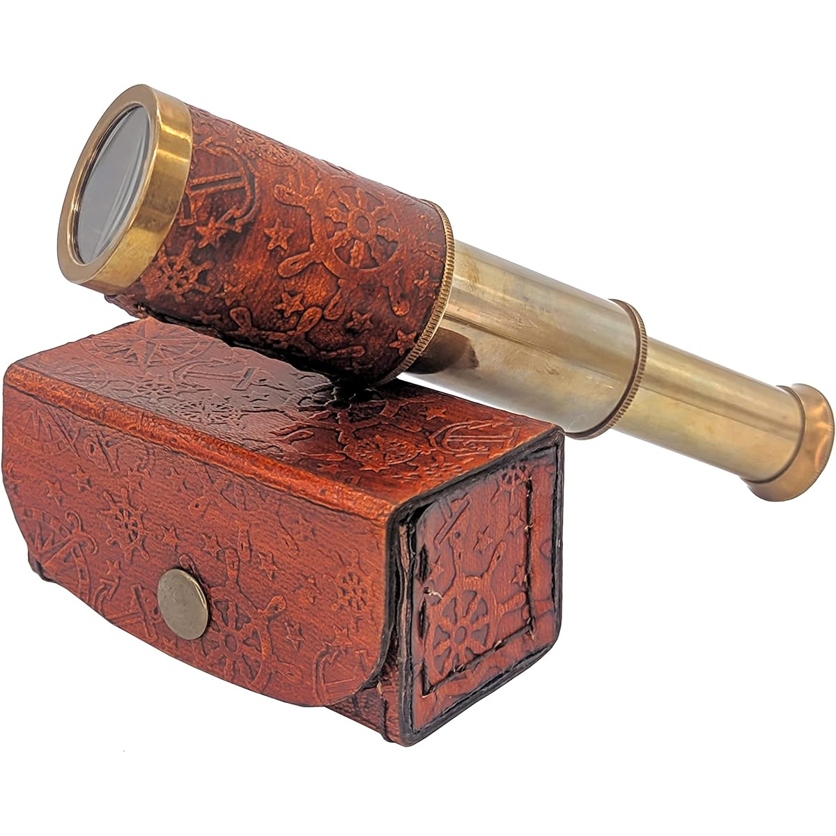 Brass Telescope with Leather Case Captains 6" Brass Handheld Mini Telescope with Leather Case Nautical Toys Functional Telescope for Kids (Antique Bronze)