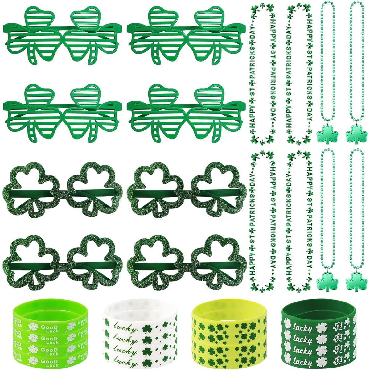 42pcs St. Patrick's Day Party Favors Set, St. Patrick Shamrock Headbands, Boppers, Shamrock Beads Necklace, Rubber Bracelet, Clover Necklace, Shamrock Lucky Green, Silicone Wristbands, Bracelets for St. Patrick Irish Party Decorations