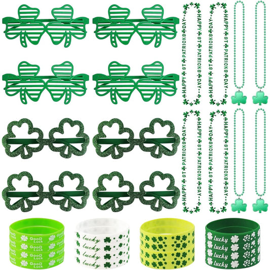 42pcs St. Patrick's Day Party Favors Set, St. Patrick Shamrock Headbands, Boppers, Shamrock Beads Necklace, Rubber Bracelet, Clover Necklace, Shamrock Lucky Green, Silicone Wristbands, Bracelets for St. Patrick Irish Party Decorations