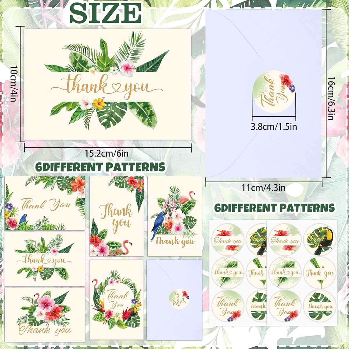 Whaline Tropical Thank You Cards Summer Note Cards with Sticker Envelopes Flamingo Palm Leaf Cards for Holiday/Wedding/Baby Shower/Birthday/Bridal Party/Any Occasion 4 x 6 Inch Pack of 36