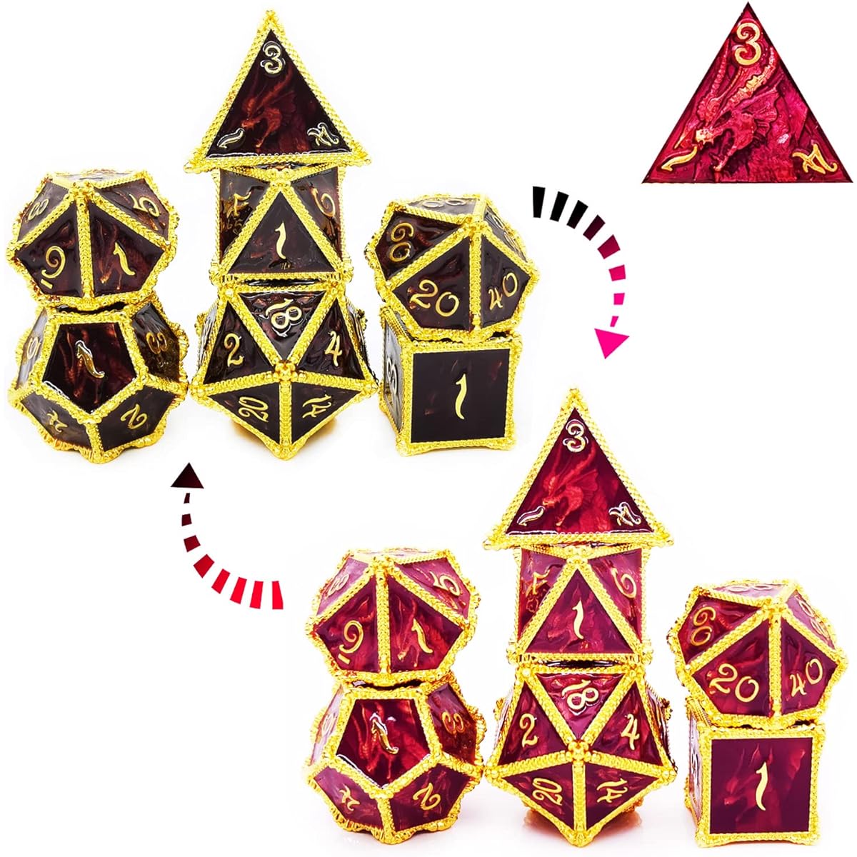 HAOMEJA Color Changing Dice Metal Dragon Dice DND Dice Set D&D Dice Set Role Playing Dice for Dungeons and Dragons (Black to Purple)