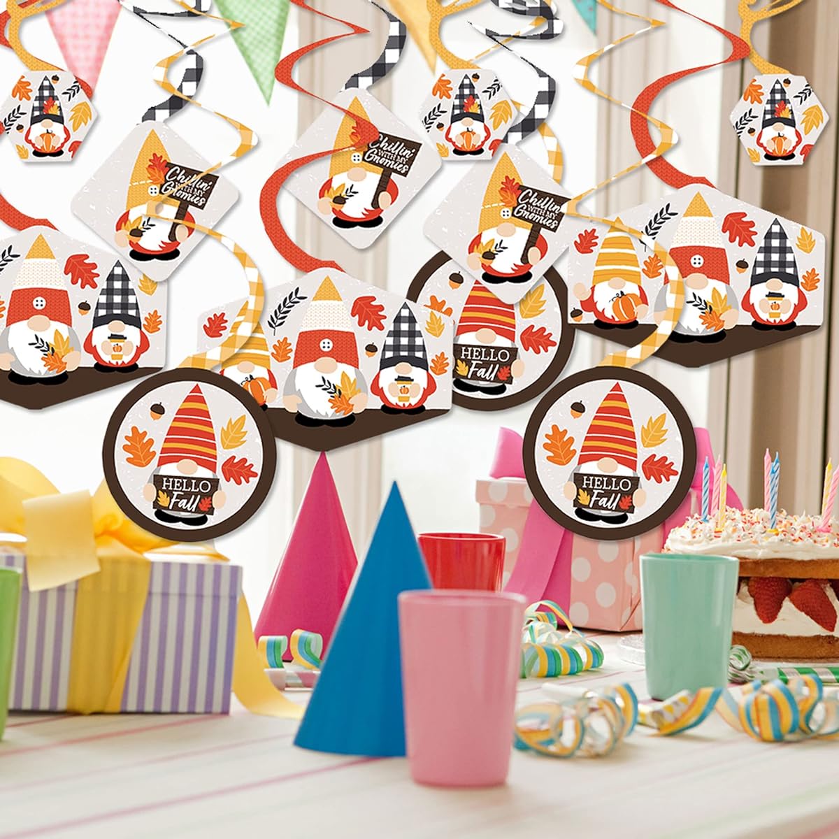 Big Dot of Happiness Fall Gnomes, Fall Harvest Party Hanging Decorations, Party Decor Swirls, Set of 40
