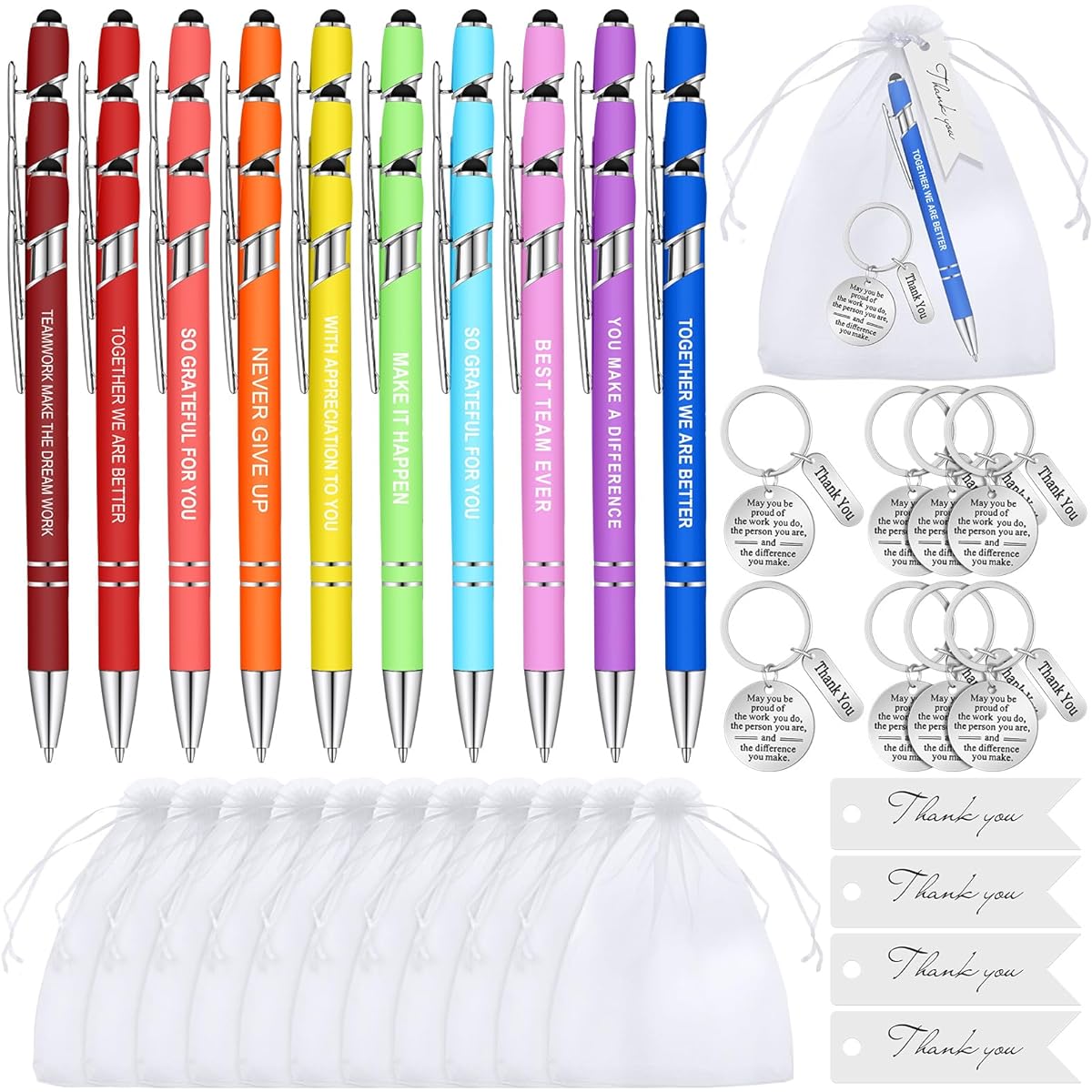 Qeeenar 30 Sets Employee Appreciation Gifts, Motivational Pens, Appreciation Keychains, Organza Bags and Thank You Cards, Thank You Gifts for Teachers Colleagues Staff Teams (Colorful Style)