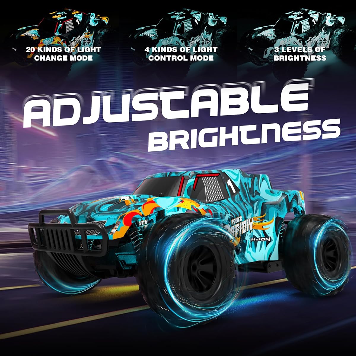 Haijon 1:16 Remote Control Car with Lights, 4 LED Light Modes, 2WD High Speed Off-Road Toys Radio RC Car Truck for Boys Girls Kids Adults, 2 Batteries, 40+ Min Play