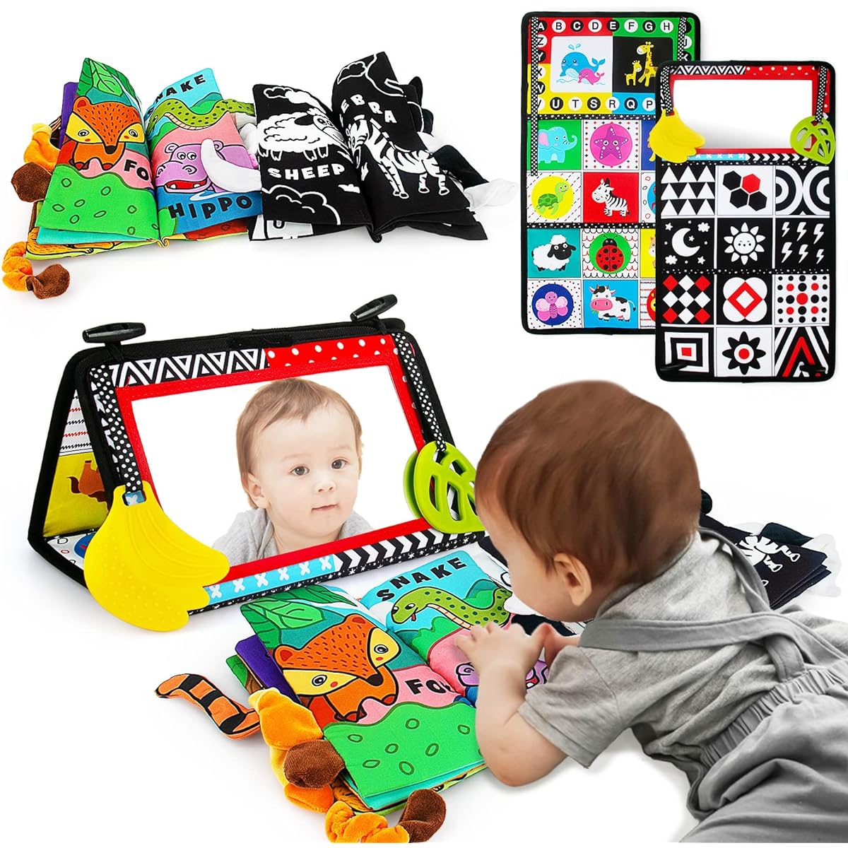 teytoy Tummy Time Mirror Tummy Time Toy with Soft Crinkle 3D Cloth Book and Teething Toys Black and White Sensory Toy High Contrast Newborn Toddler Baby Toys 0-6 Months Decoration