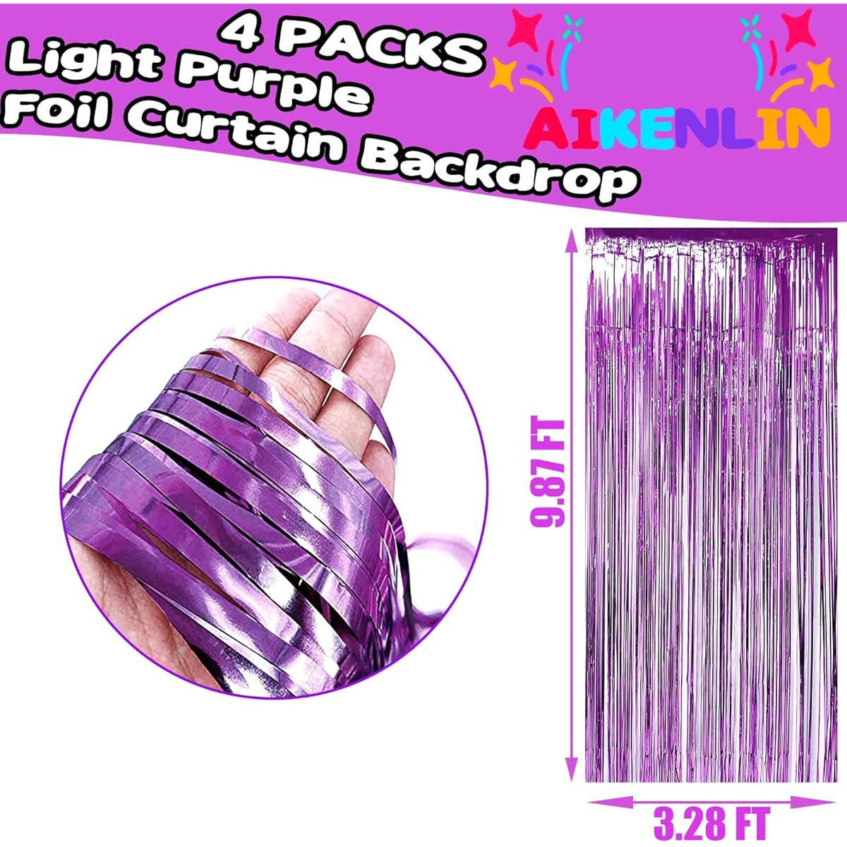 Light Purple Foil Fringe Curtain Backdrop, 4 Pack 3.2ft x 9.8ft Metallic Tinsel Foil Fringe Streamer Curtains for Party Photo Booth Props Birthday Wedding Christmas Party Decoration Supplies