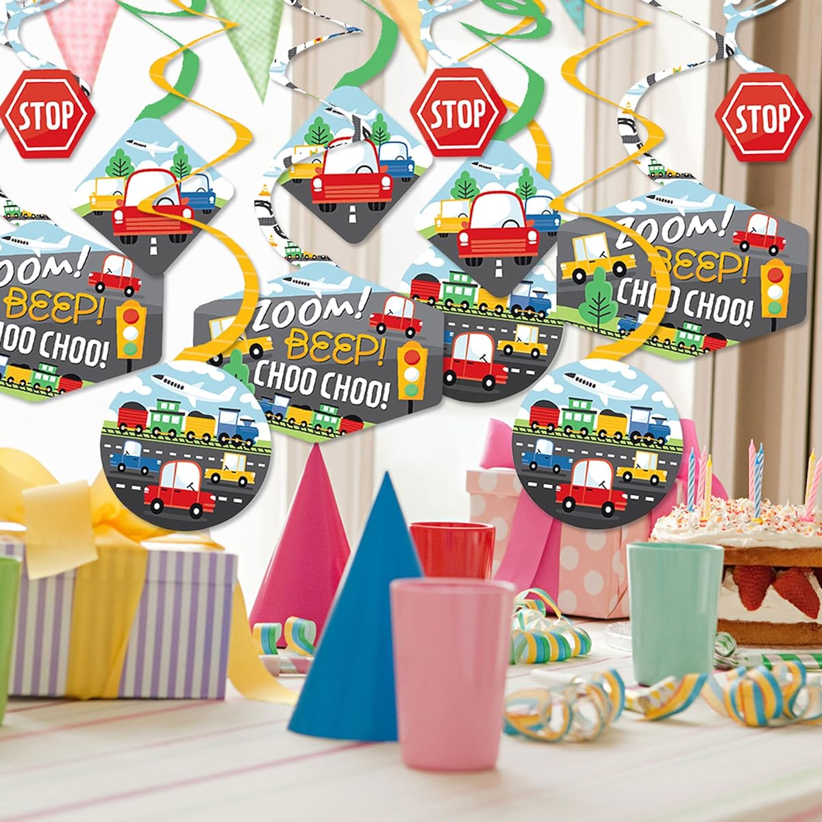 Big Dot of Happiness Cars, Trains, Planes - Transportation Birthday Party Hanging Decorations - Party Decoration Swirls - Set of 40