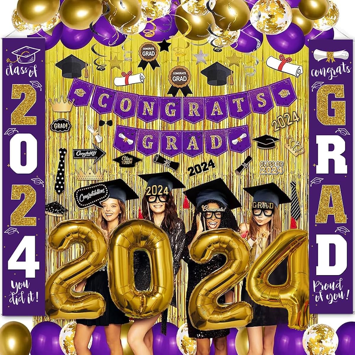 Graduation Party Decorations 2022 73 Pieces 32 Inch Purple Gold Graduation Party Supplies Congratulations Graduation Banner Pouch Sign Swirls Confetti Balloons Foil Fringe Curtains Backdrop Photo Booth Props Class of 2022