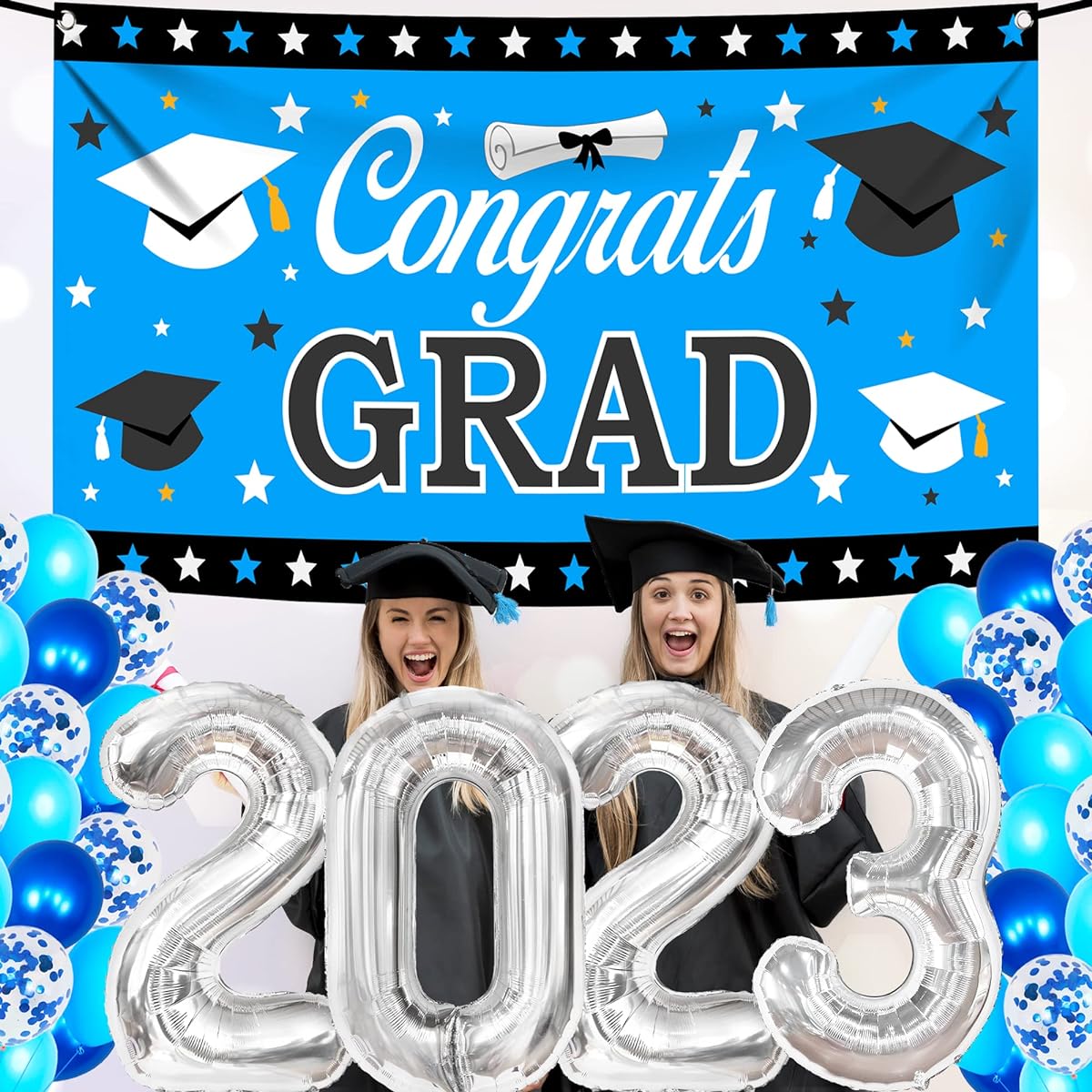 KatchOn Large Graduation Party Decorations 2023 Blue - Pack of 53 | Silver Graduation Balloons for Class of 2023 Decorations | Graduation Celebration Banner for 2023 Graduation Decorations