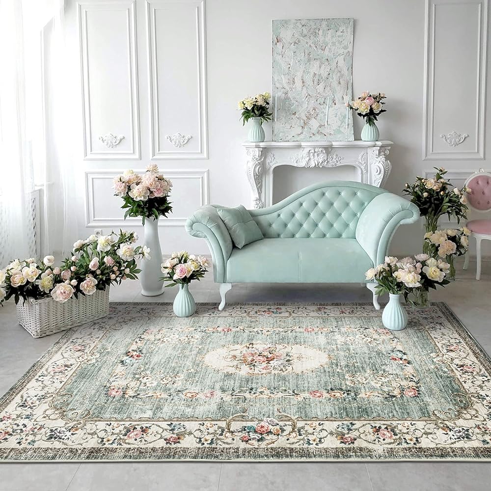 DECOMALL Carpet 3 Tatami Persian Rug Rug 200X250CM Washable Floral Pattern All Seasons Lightweight Green Anti-slip Green Dust Mite Resistant Odor Resistant Compatible with Floor Heating