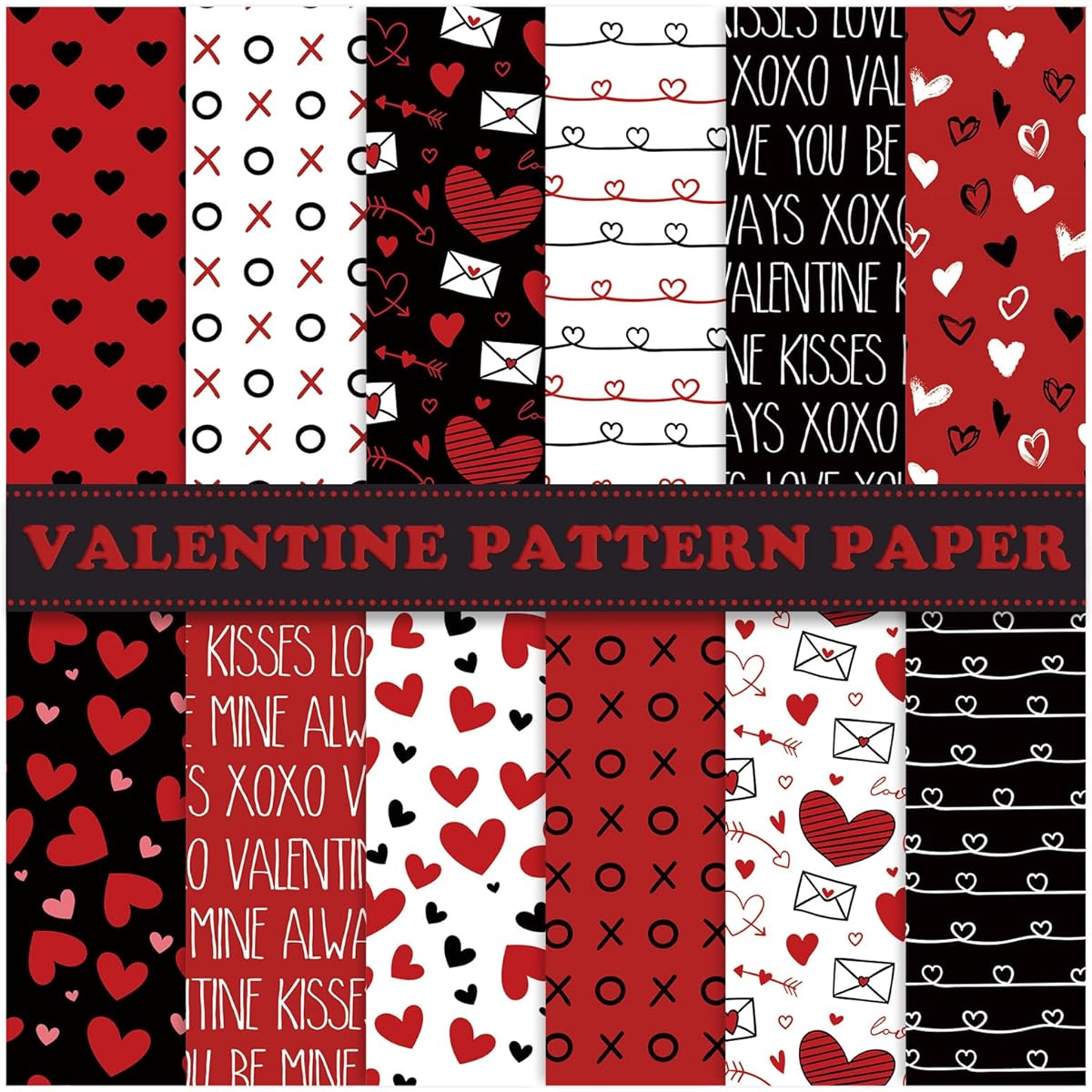 Whaline 60 Sheets Valentine Pattern Paper Red Black Heart Love Scrapbook Specialty Paper Doodle Decorative Craft Paper DIY Card Making Photo Album Journal Decoration 5.5 x 8.3 Inch
