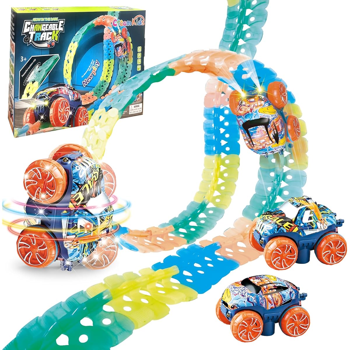 CREAMKIDS Kids Race Track Car Set, Luminous Suction Cup Track, Slot Race Cars with LED Lights, Flexible Racing Car Changeable Track Set for Kids Ages 3+ (191 Pieces)