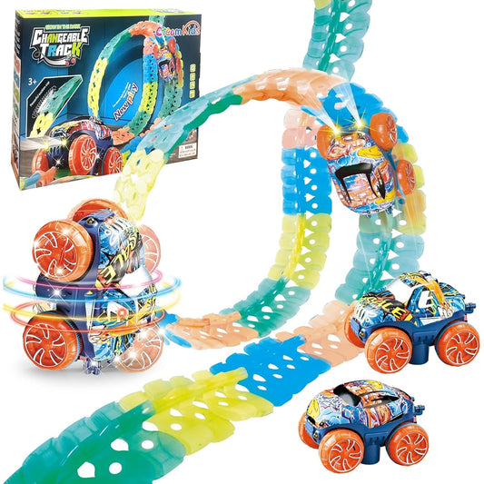 CREAMKIDS Kids Race Track Car Set, Luminous Suction Cup Track, Slot Race Cars with LED Lights, Flexible Racing Car Changeable Track Set for Kids Ages 3+ (191 Pieces)