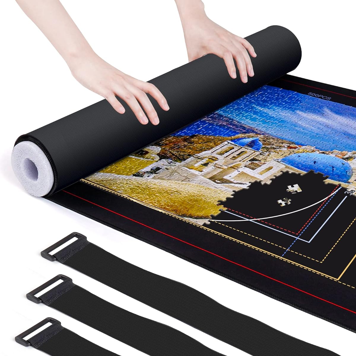 Tipkits Puzzle Mat Roll Up with 3.38" Foam Rolling Tube & 1.97" Hook & Loop Fastener Straps x 3, Puzzle Mat for Jigsaw Puzzles, Smooth Polyester Front, Non-Slip Rubber Back, Up to 1500 Pieces