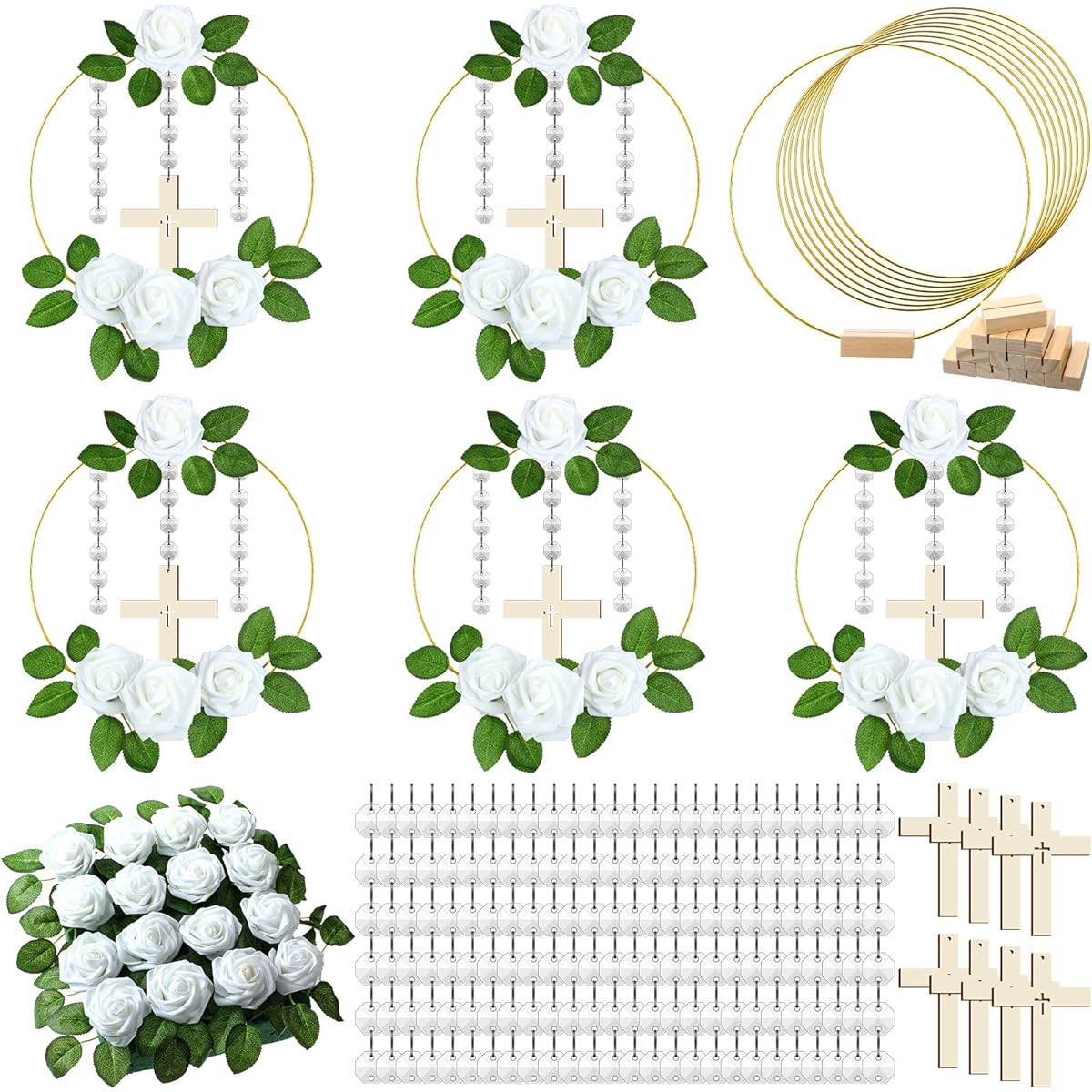 Sintuff 72 Piece First Communion Baptism Decoration Set 8 10" Metal Wreath Rings 8 with Wooden Holders 8 Standing Wooden Crosses 8 Faux Roses with Stems 24 Acrylic Gem Beads Garland Strands 24