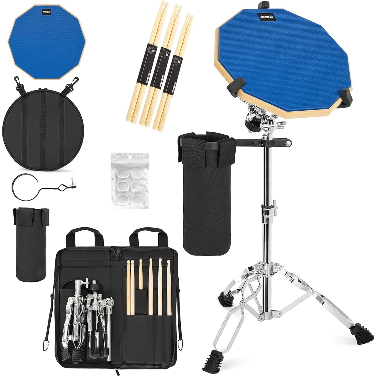 AKOZLIN Drum Pad Stand Set 12 Inch Double Sided Silent Drum Pad Drum Sticks Adjustable Snare Stand Drumstick Holder Storage Bag Blue