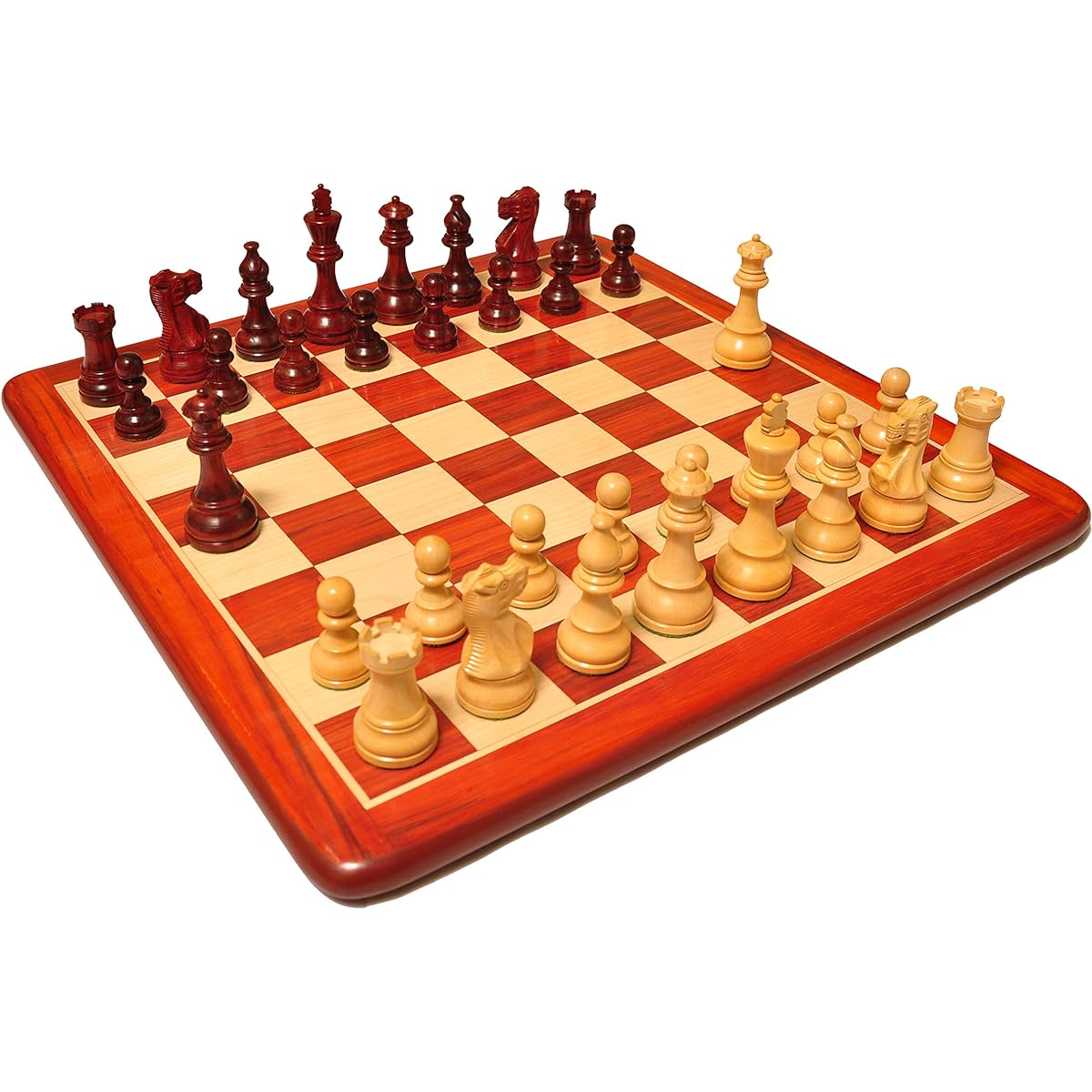 Palm Royal Handicrafts 18" x 18" Tournament Wooden Chess Board Set, Chessmen King Size 3.75" Inlaid with PADAUK, Boxwood, 32 Pieces, Includes 2 Spare Queens