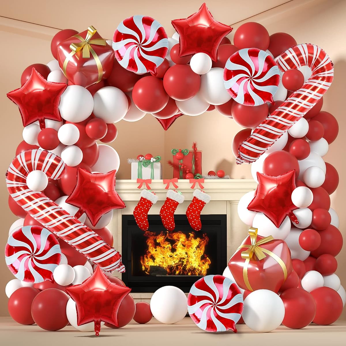 AJOYEGG Christmas Balloons Garland Arch Kit 134pcs Matte Red White Balloons Candy Cane Foil Balloons Gift Box Balloons Red Star Balloons Merry Christmas Party Decoration Supplies