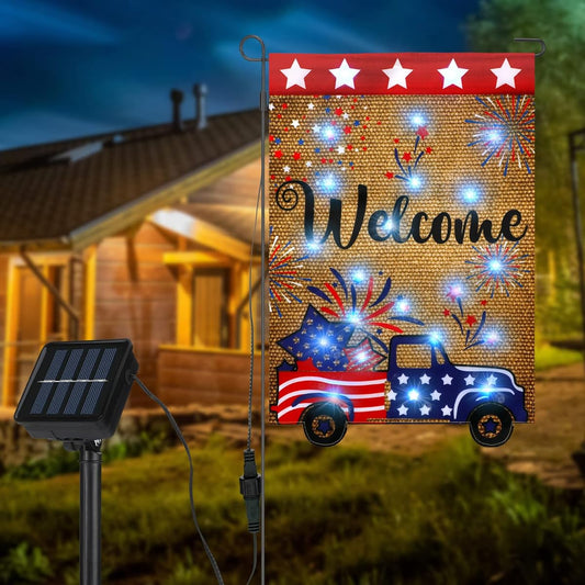Tradder LED 4th of July Patriotic Welcome Truck Garden Flag with 22 LEDs and 8 Lighting Modes Solar 12 x 18 Inch Double Sided Garden Flag for July Patriotic Party American Memorial Day Outdoor Yard Decoration