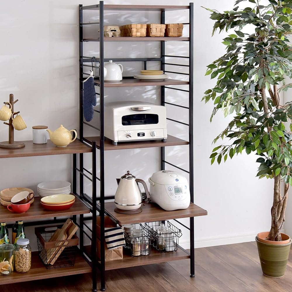 Tansu no Gen Range Rack, Width 60cm, Compatible with Large Ranges, Height 168.5cm, Height Adjustable, Sliding Shelf, Stove Stand, Kitchen Wagon Rack, Kitchen Rack, Open Rack, Slim, Stylish, Brown, 49200001 (80948)