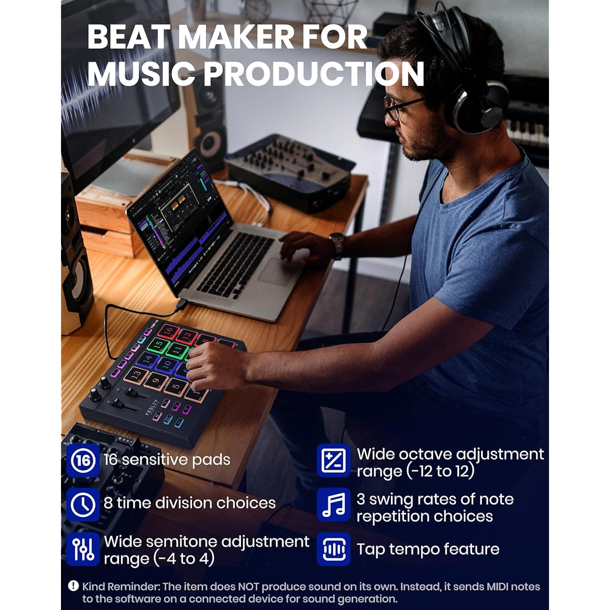 Fesley MIDI Pad Beat Maker, USB MIDI Keyboard Controller with 16 Drum Pads for Beginners, 2 Assignable Faders & Knobs, Note Repeat & Full Level Buttons, Portable Beat Machine for Music Production