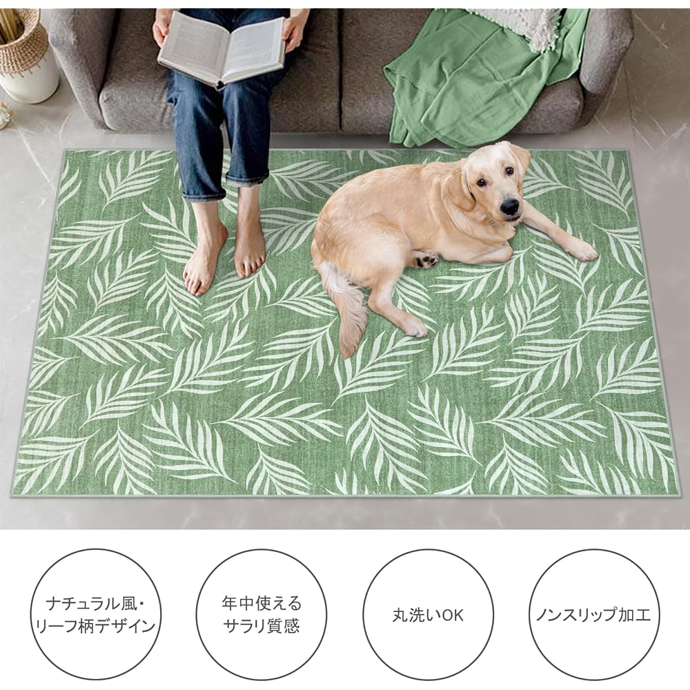 HAOCOO Rug, 3 Tatami Tatami Rug, Washable, 190 x 240 cm, Suitable for All Seasons, Natural Style, Non-Slip, Memory Foam, Soundproofing, Bedroom, Living Room, Chenille Rug, Abrasion Resistant, Lightweight, Compatible with Hot Carpets, Plant Pattern, Leaf