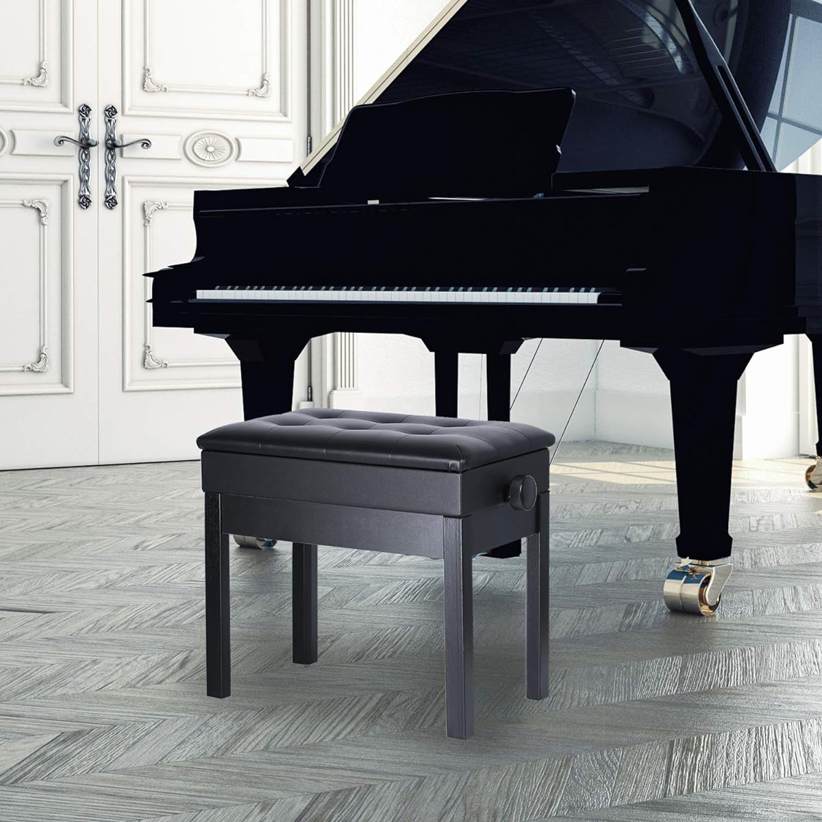 Mu PU Leather Adjustable Piano Bench with Waterproof Cushion Inner Solid Flip Top Extra Music Storage for Single Person (Black)