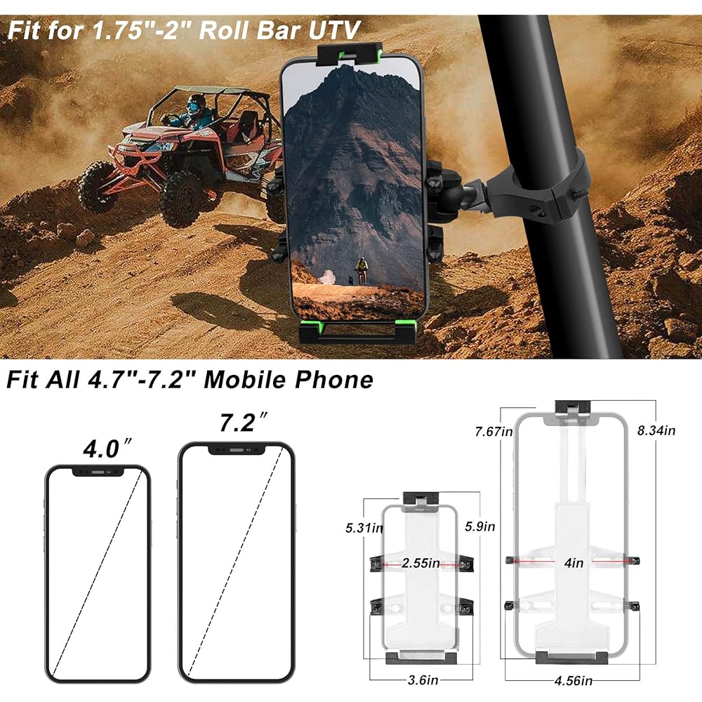 Tavaski ATV UTV Phone Holder Cell Phone Holder Motorcycle Phone Mount Fits 1.75"-2" Roll Bar UTV for Polaris RZR 900 1000 XP Can-am