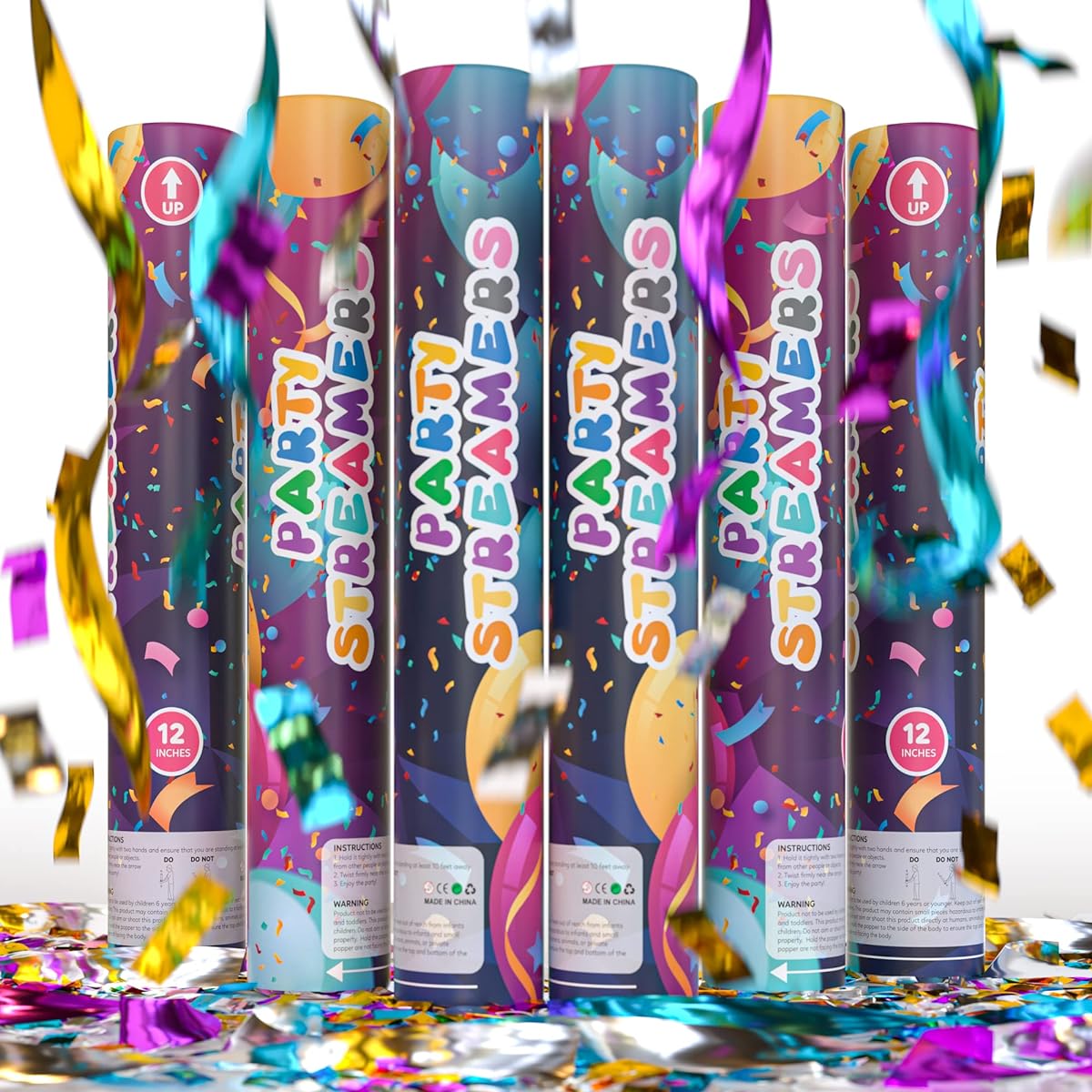 No Mess Streamers Confetti Cannon Confetti Poppers 6 Pack | Shiny Multicolor Streamers | TUR Party Supplies | Up to 25 Feet | Giant (12 Inch) | Party Poppers for Graduations, Birthdays, Weddings
