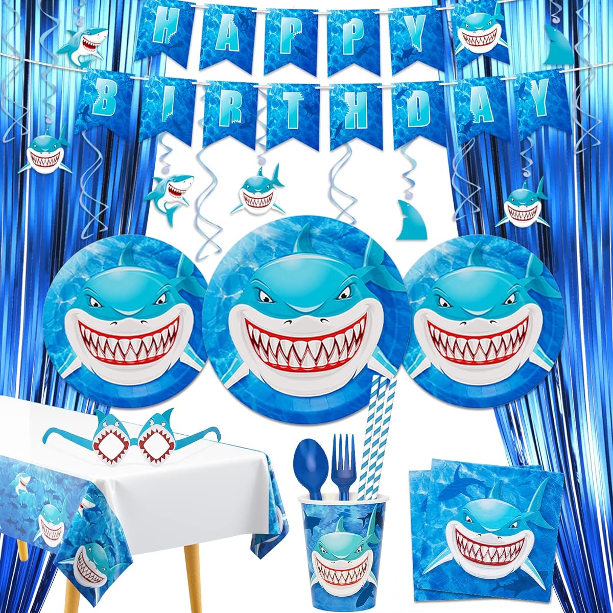 DECORLIFE Shark Birthday Party Supplies Serves 16, Shark Birthday Decorations with 30 Hanging Swirls, 54" x 108" Tablecloth, Blue Fringe Curtains, Happy Birthday Banner, 147 Pieces Total