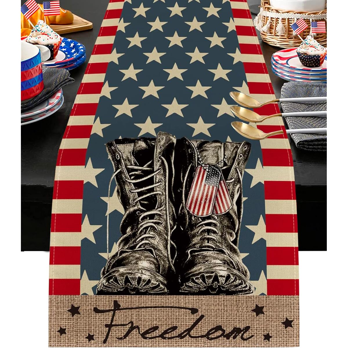 4th of July Decorative Table Runner - 13x72 Inch Memorial Independence Day Decor Striped Star Boots Freedon Patriotic Farmhouse Tablecloth - Kitchen Dining Home Party Table Decorations