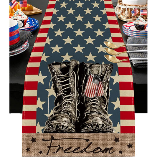 4th of July Decorative Table Runner - 13x72 Inch Memorial Independence Day Decor Striped Star Boots Freedon Patriotic Farmhouse Tablecloth - Kitchen Dining Home Party Table Decorations