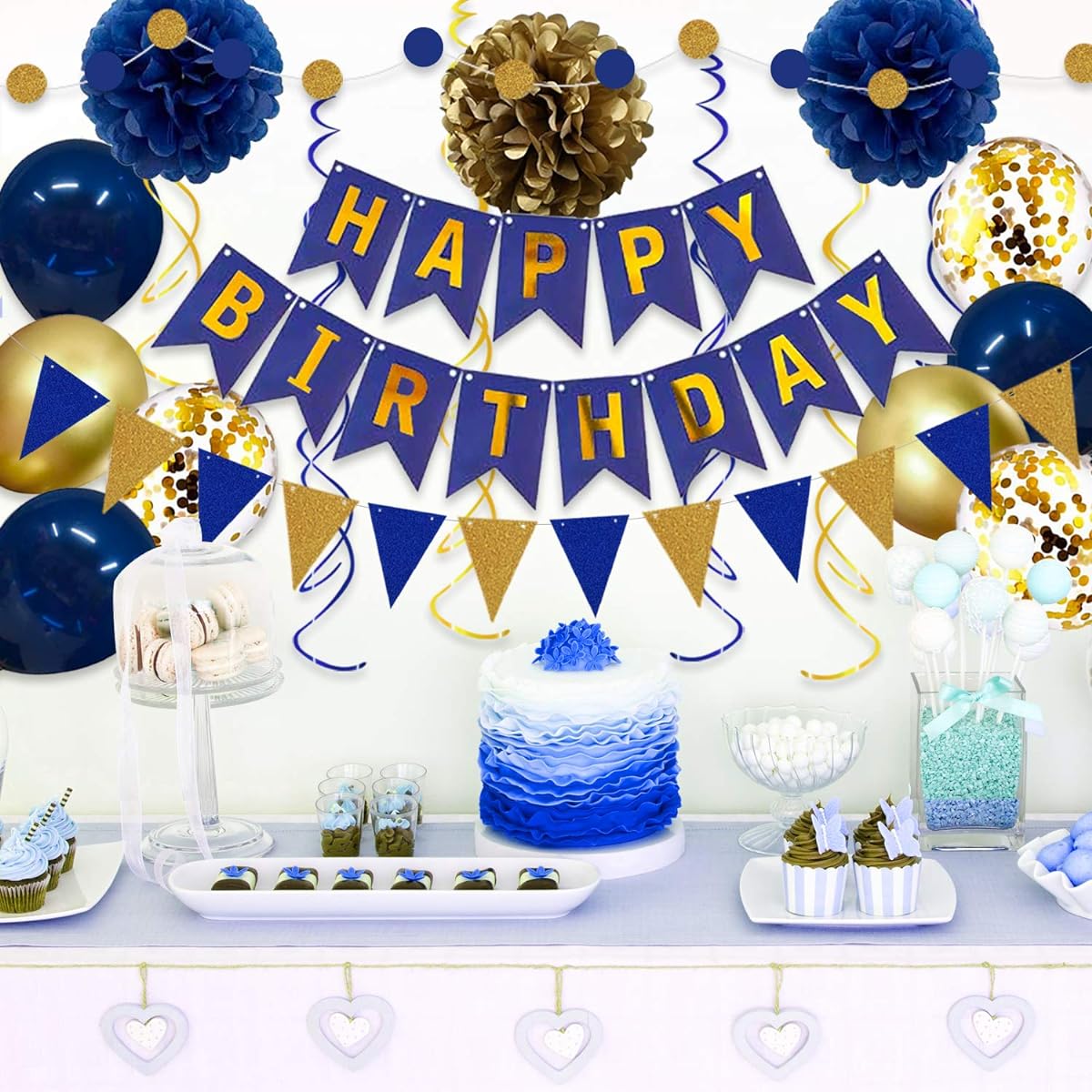 Navy Blue Gold Birthday Decorations Birthday Party Supplies Unisex Boys Girls Happy Birthday Banner Tissue Paper Flowers Pom Poms Pennants Circles Dot String Latex Confetti Balloons