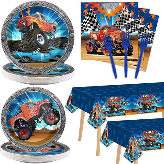 98 Piece Truck Party Decorations Truck Tableware Set Plates Napkins Tablecloth Party Supplies Kit for Kids Boys Truck Car Birthday Table Cover Tableware Party Favors for 24 Guests