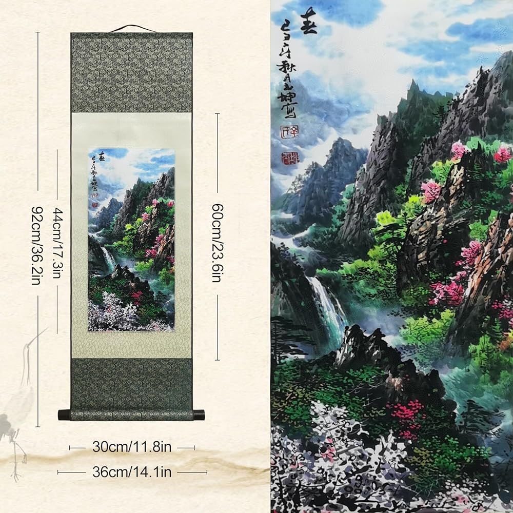 Silk Hanging Scroll Silk Scroll Painting Asian Wall Decoration Four Seasons Spring Summer Landscape Painting Beautiful Chinese Painting Hanging Scroll Painting Scroll Oriental Decoration 99 x 30 cm (39 x 12 inches)