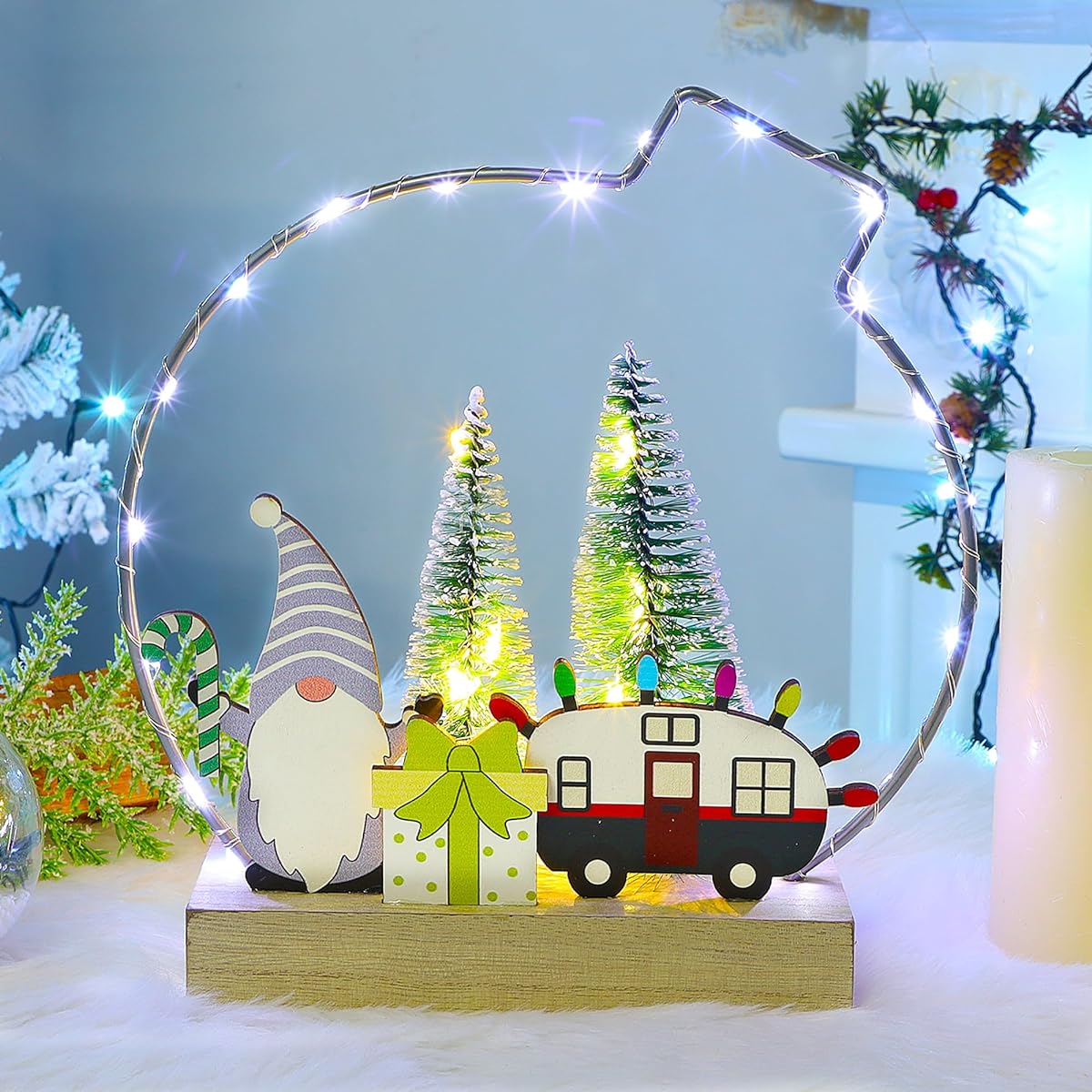 Lulu Home Christmas Tabletop Decor, Wooden Lighted Christmas Ornaments with Metal Frame, Battery Operated LED Light Up Holiday Signs for Indoor Mantle Shelf Decor (Gnome)