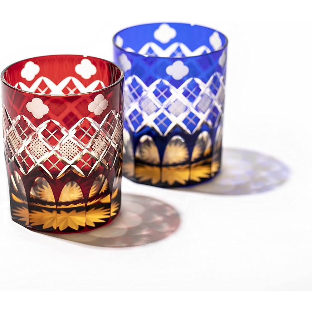 [Taimuro Kobo Official] Edo Kiriko Quatrefoil with Yarai Fish Crest Old Glass Pair (Amber Red/Amber Ruri) TB94429ARB Wooden Box Made in Japan