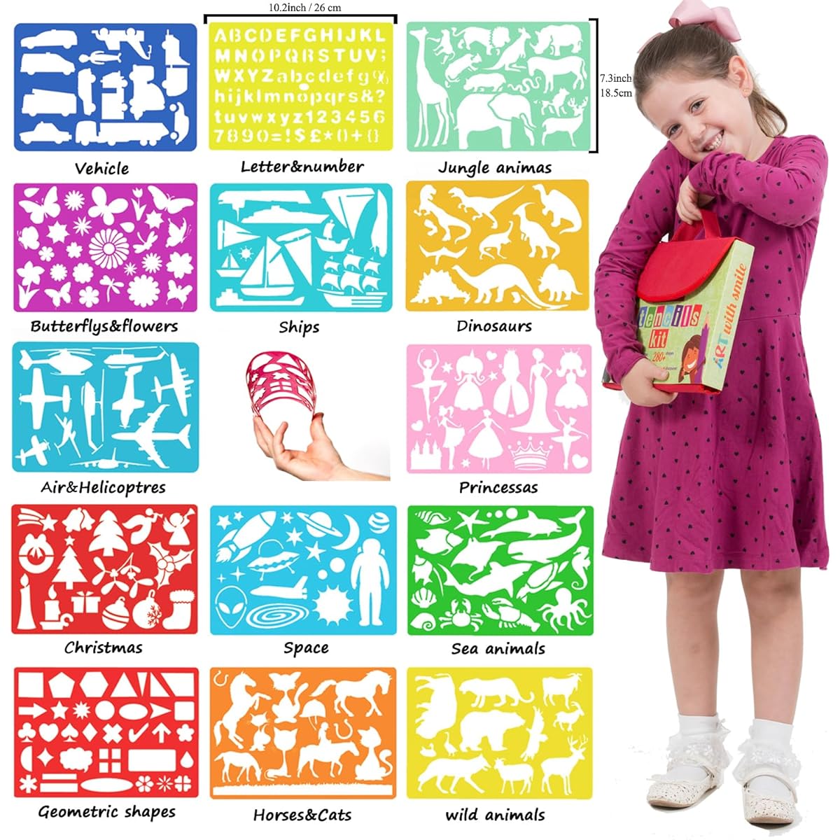 Drawing Stencil Kit for Kids Large 54-Piece Fun Travel Activity Set, Organiser Case with more 280 Shapes, Art Craft Girls And Boys, Creativity Educational Toy Ages 3 to Teen Excellent Gift for Kid