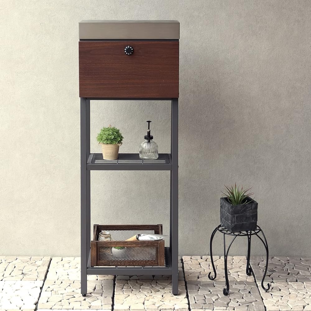 MOJYU Stand Post Lexi Dark Gray/Brown Wood Grain SDM-049 Post Mail Box Stylish Mailbox Delivery Box Scandinavian Style with Lock Freestanding Stand High Type Entrance Home Use