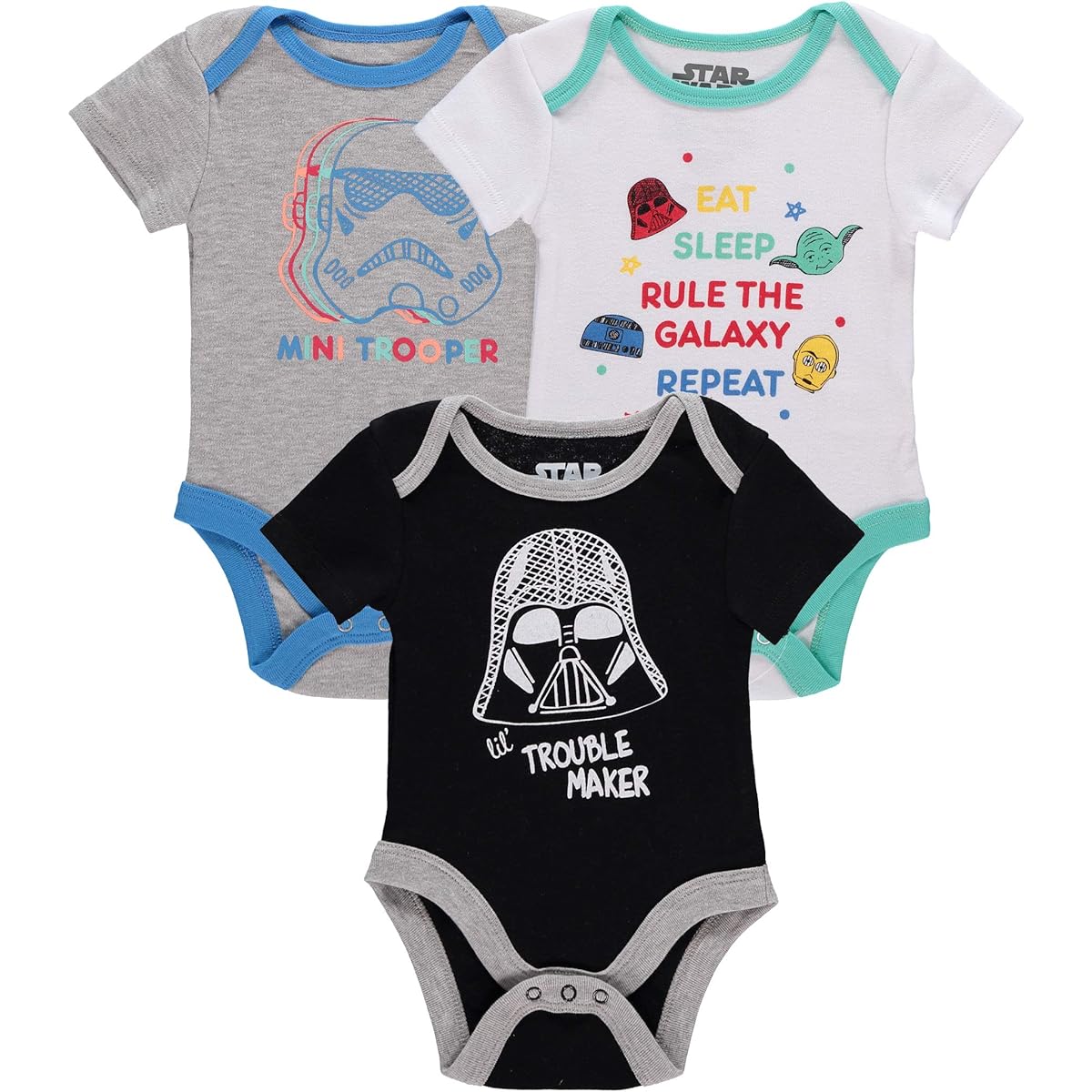 Disney Boys' Star Wars Infant Short Sleeve Onesie Bodysuits Baby Costumes Multi Pack, 3PK White/Black/Grey, 3-6 Months