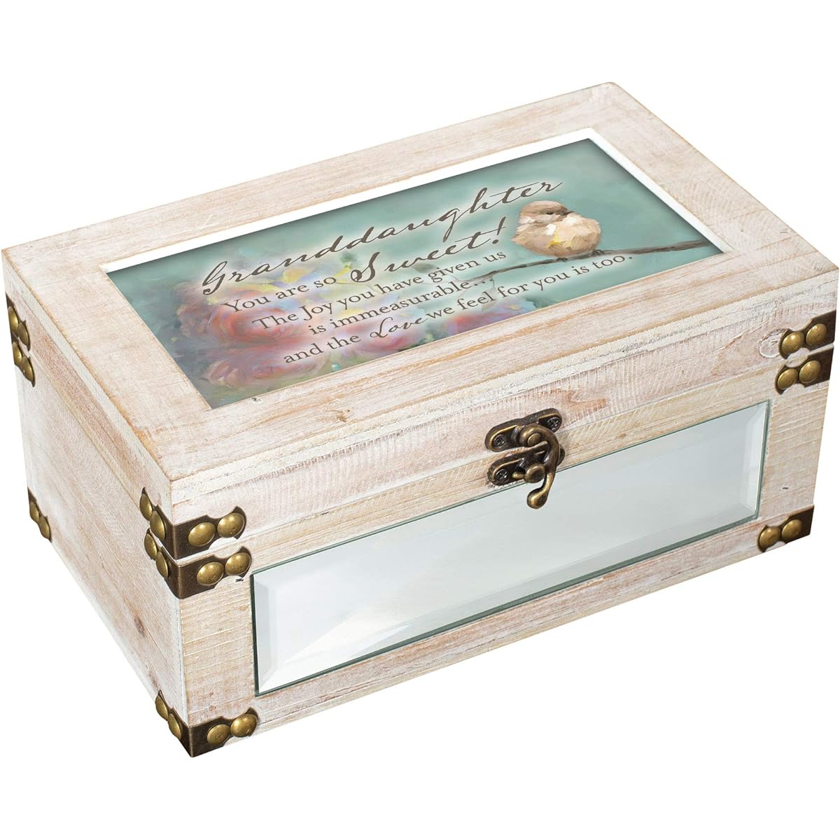 Cottage Garden Grand Daughter So Sweet Inspirational Antique Whitewashed Metal and Wood Music Box Plays Ave Maria