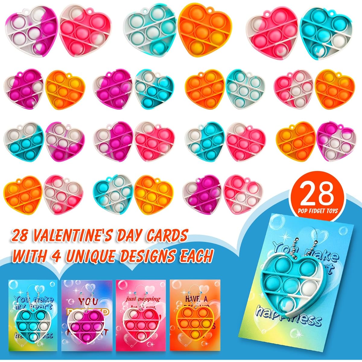 Valentine Cards for Kids Classroom, 28 Valentine's Day Cards Pop Fidget Toys for School Classes, Valentine Gift Exchange Cards for Boys/Girls