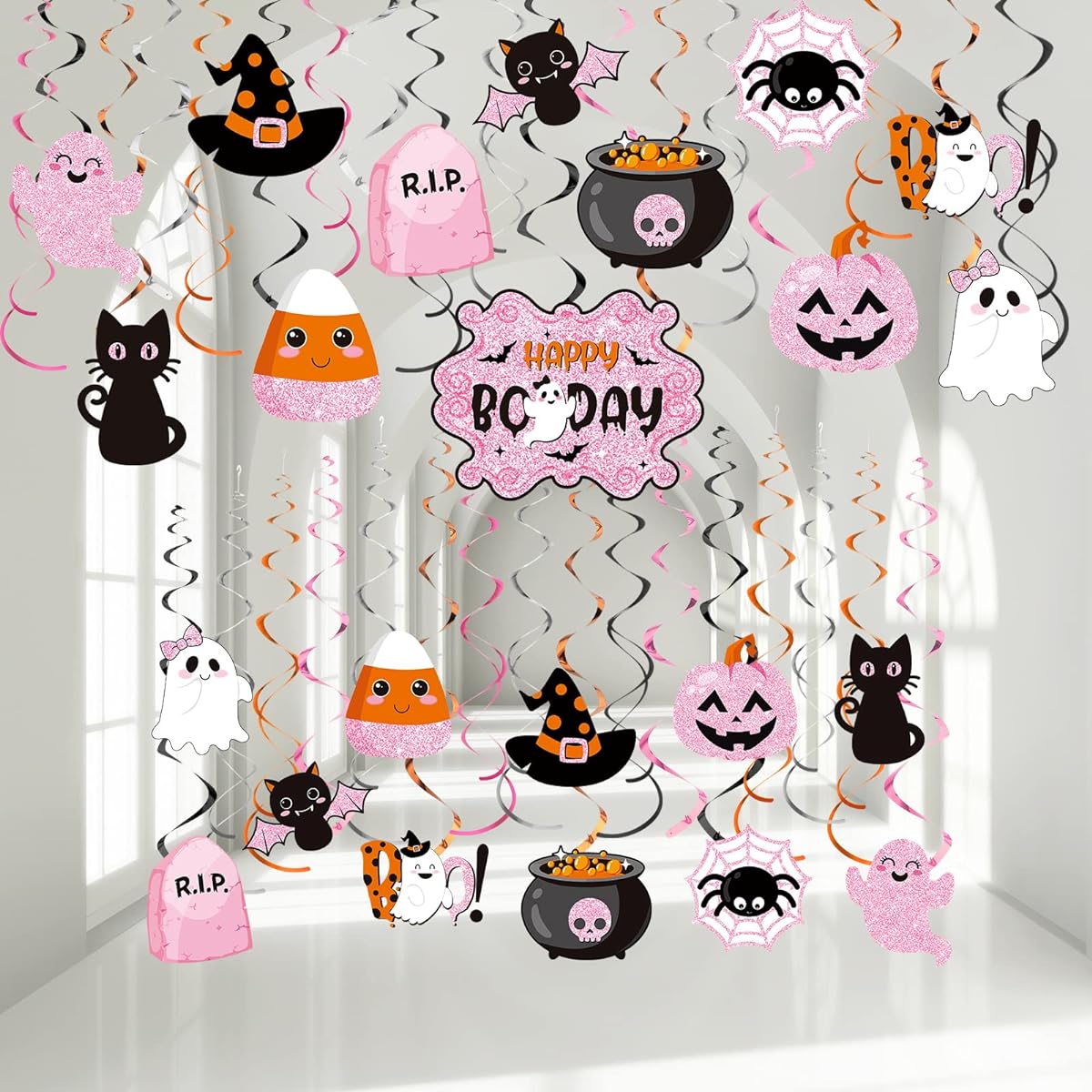 Halloween Hanging Swirl Decorations Halloween Party Streamers Foil Ceiling Spiral Halloween Witch Pumpkin Ghost Cutout Decorations for School Room Office Halloween Party Supplies(23, Cute Styles)