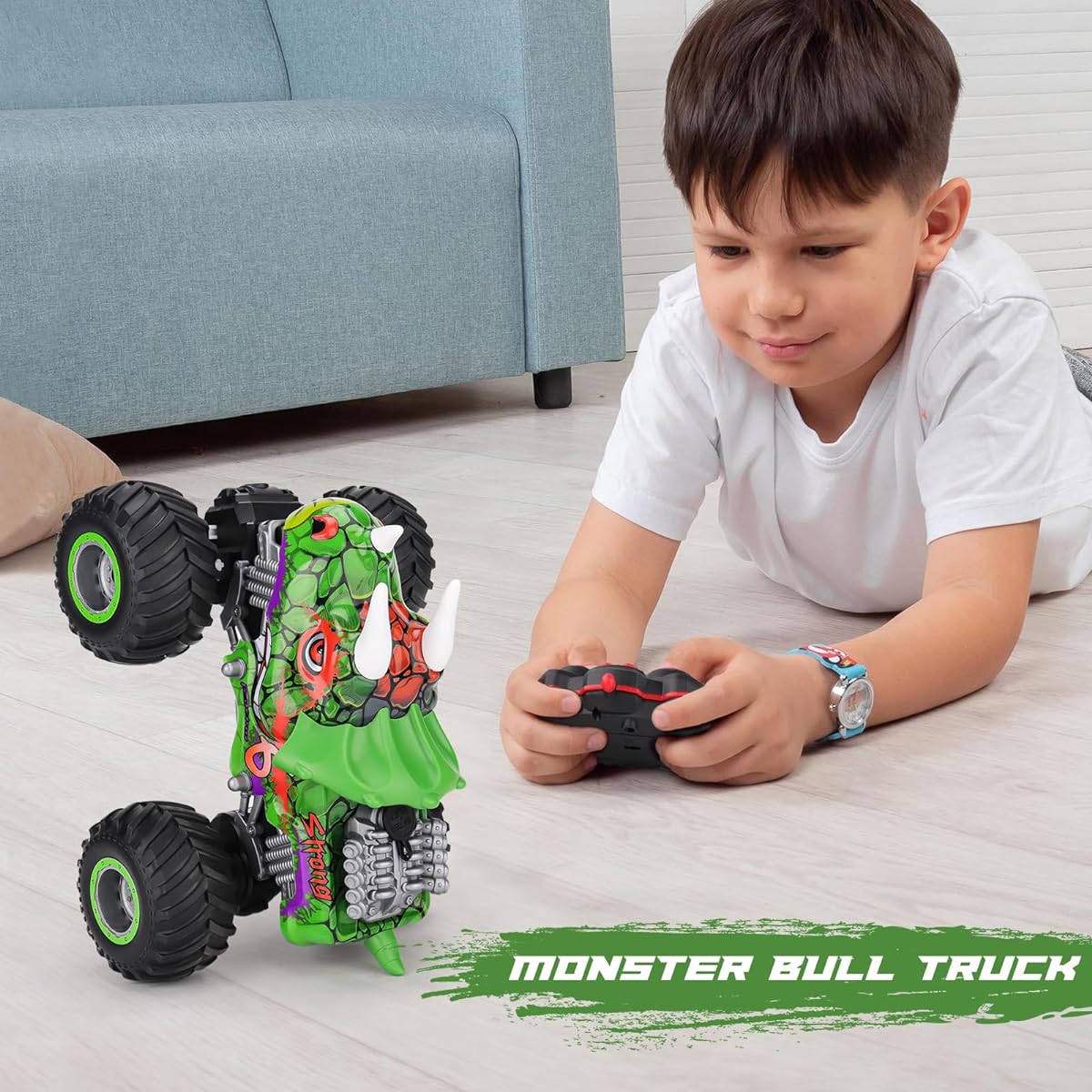 PREBOX Remote Control Monster Truck for Boys Ages 8-12 RC Dinosaur Car Toys for Kids Ages 4-7 with Music Lights Boys Birthday