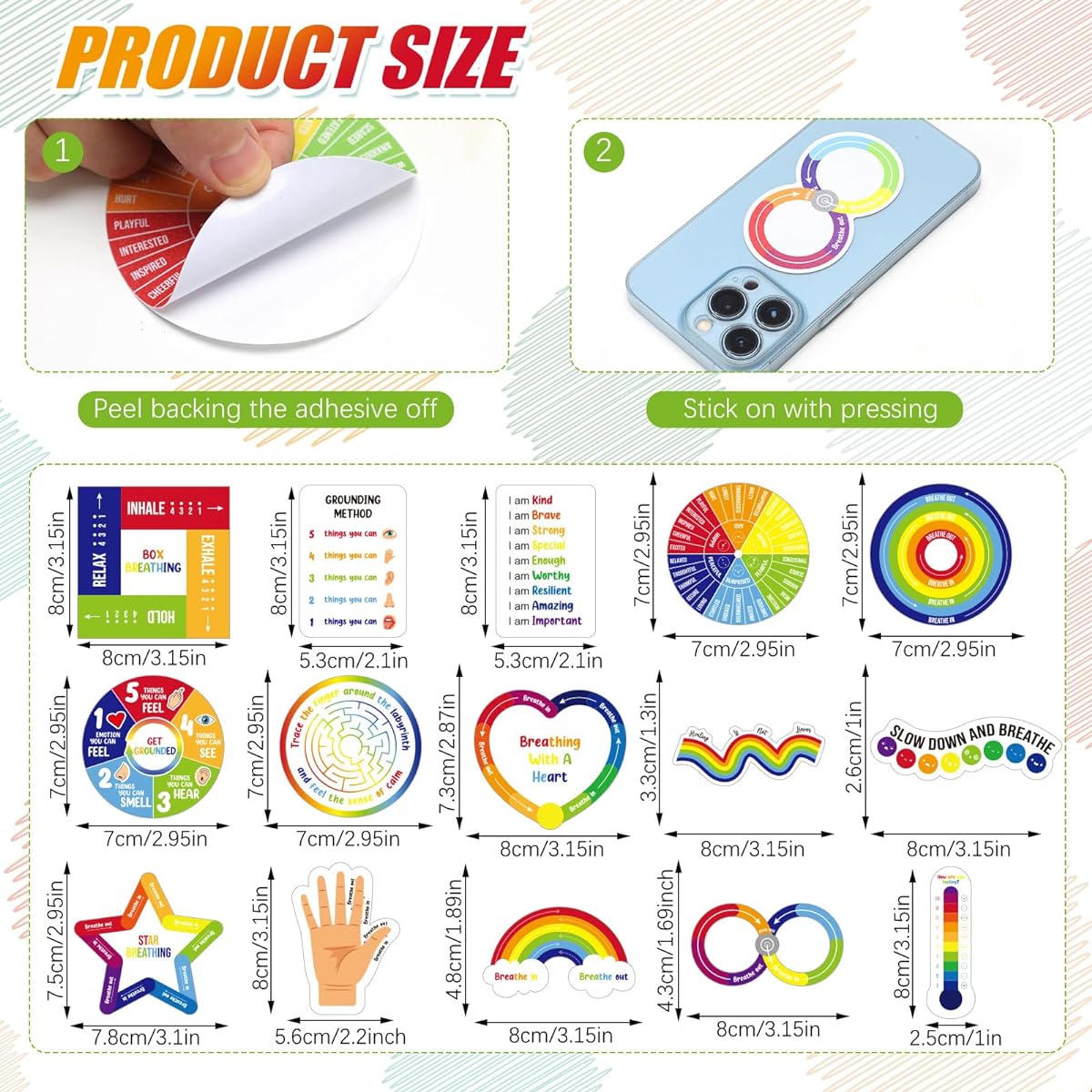 Tenceur 60 Sheets Adhesive Anxiety Sensory Stickers with Inspirational Quotes Mindfulness Relief Calm Stickers Anti-Stress Sensory Items School Counselor Supplies Fidget Texture Strips for Adults and Teens